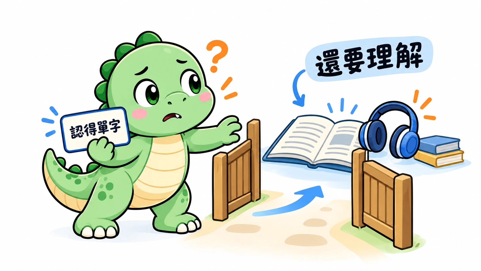 Happysaur 拿著單字門票，仍對門後的閱讀與聽力練習感到疑惑，提醒認得字不等於理解。