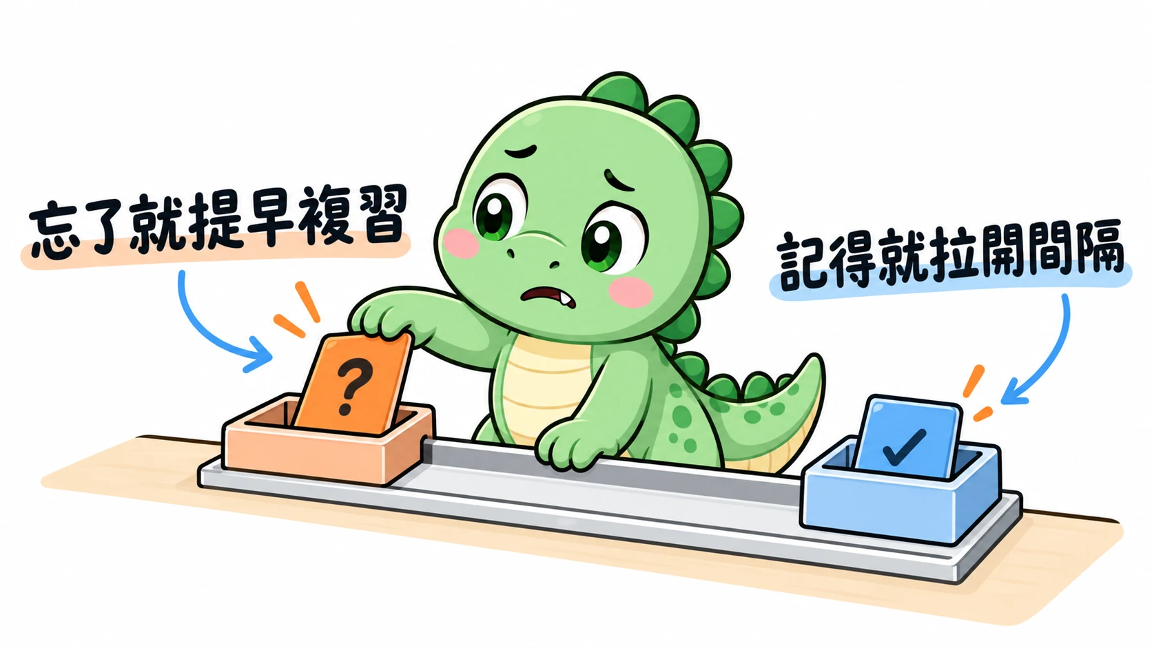 Happysaur 為忘記單字而皺眉，將那張卡排到近期複習，已記得的卡則留較長間隔。