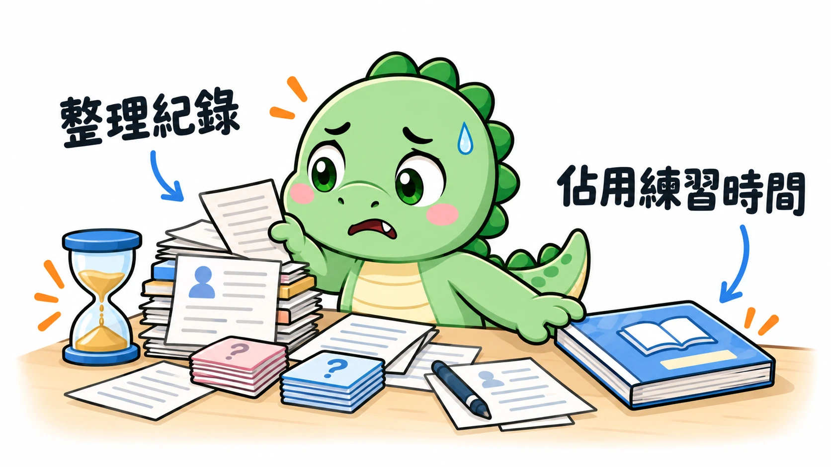 Happysaur 因整理學習紀錄而感到壓力,練習題本被擠到桌邊,時間卻繼續流逝。