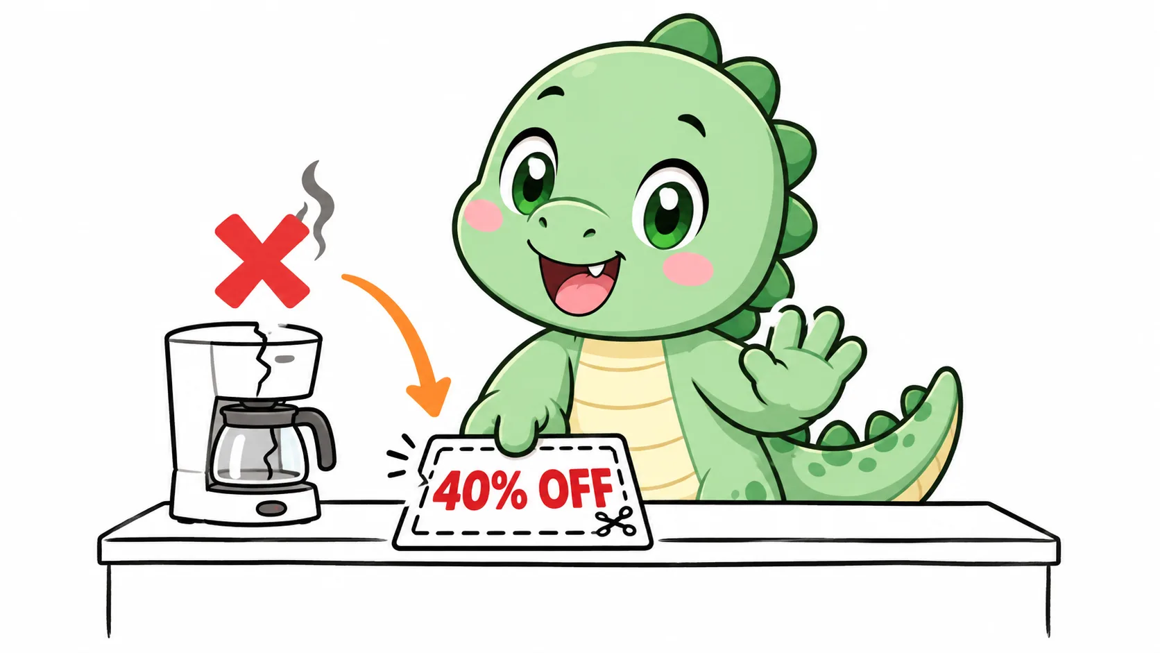 Happysaur 當店員，壞掉的咖啡機上打了一個紅叉，同時把一張「40% OFF」的折價券推到客人面前——說了不行，下一句就是替代方案。