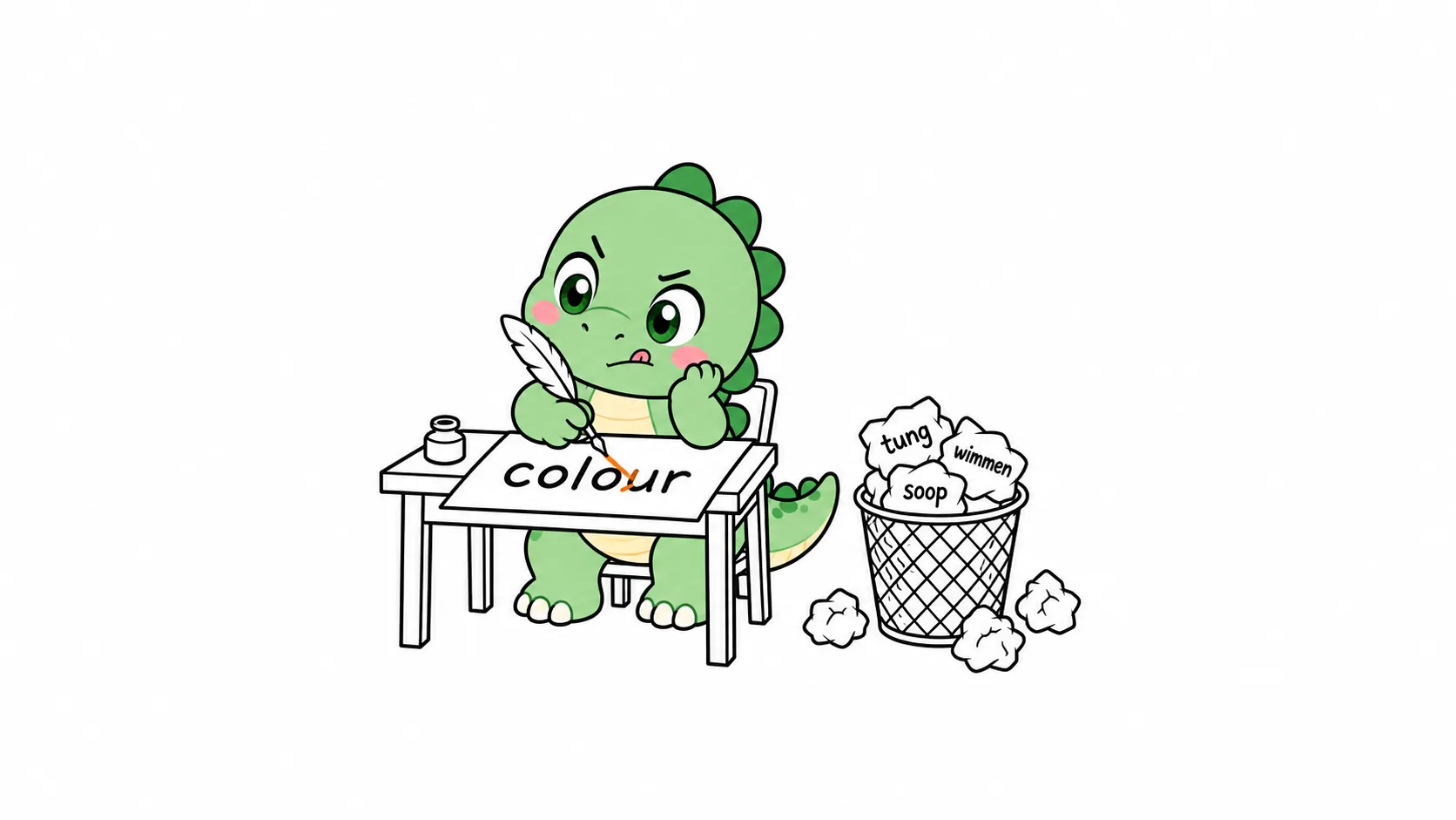 Happysaur 扮成 Webster，用羽毛筆把 colour 的 u 劃掉；旁邊的垃圾桶裡是被大眾拒絕的 tung、wimmen、soop。