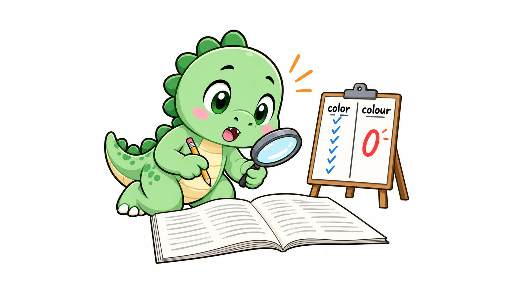 Happysaur 拿放大鏡逐字檢查多益官方範例試題，記分板上 color 那欄一排勾，colour 那欄是一個紅色的 0。