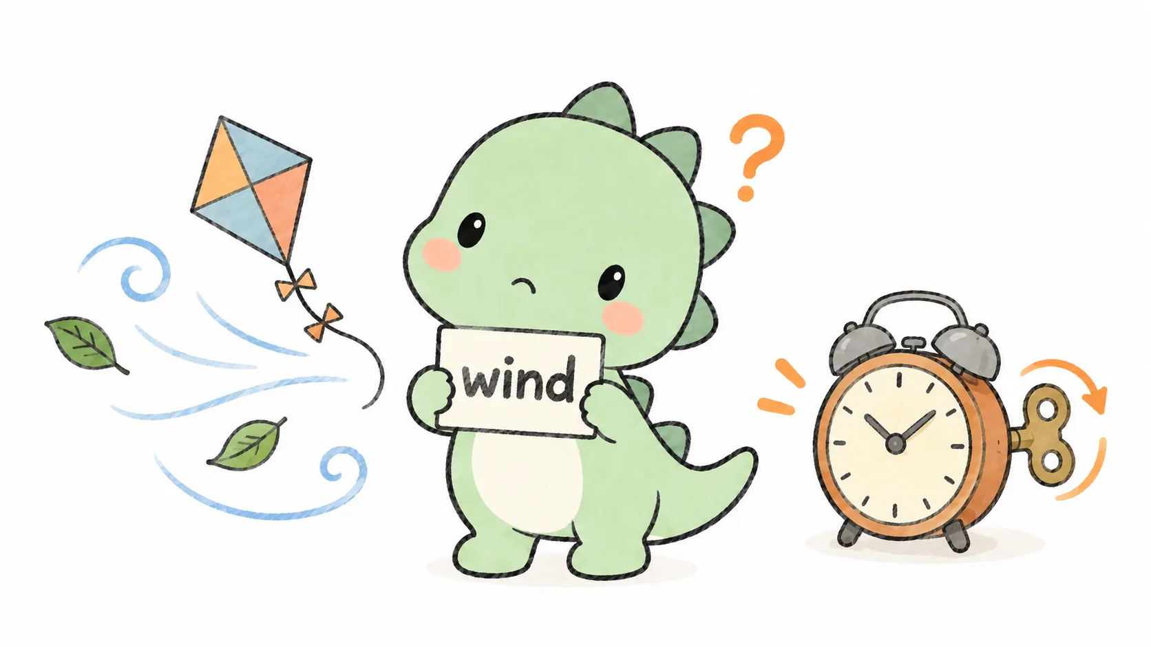 Happysaur 拿著一張寫著 wind 的卡片,一臉疑惑:左邊是風吹著風箏,右邊是正在上發條的鬧鐘——同一個拼法,兩個不同的字。