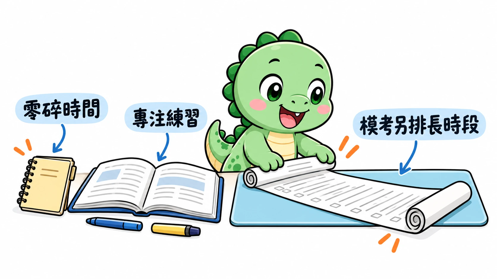 Happysaur 把短練習便條和完整模考長紙卷放進不同時段,提醒模考需要另外保留時間。