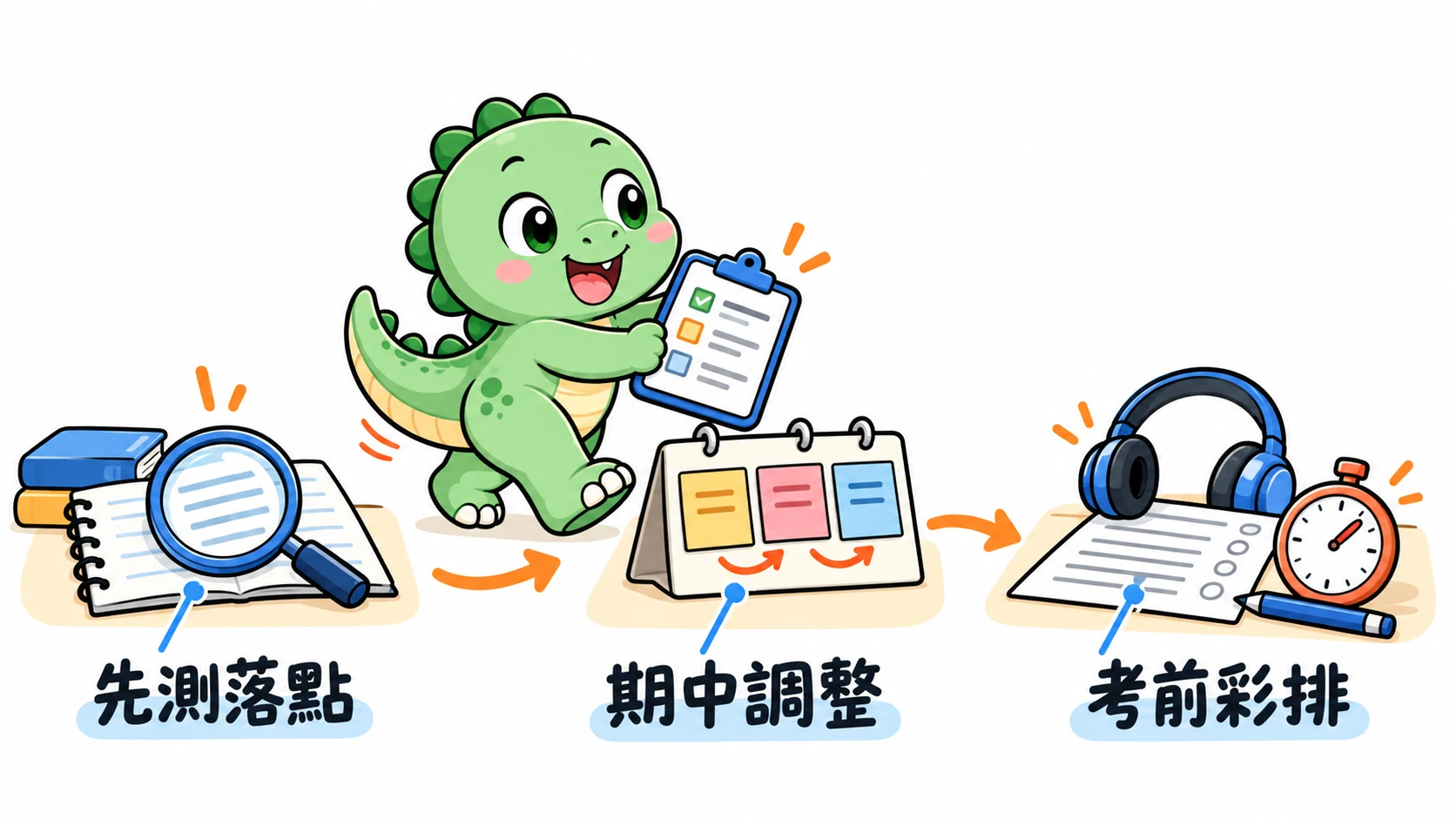 Happysaur 沿著三個檢查站移動計畫夾,依序確認起點、調整安排,再做考前彩排。