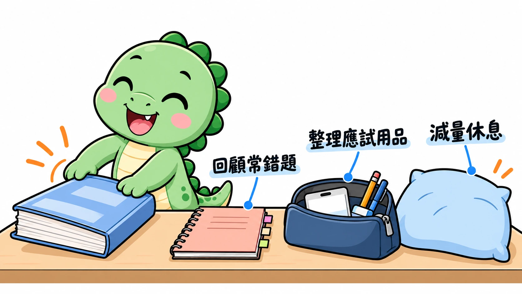 Happysaur 收起厚題本,只留下錯題筆記和應試用品,提醒考前減量並留時間休息。