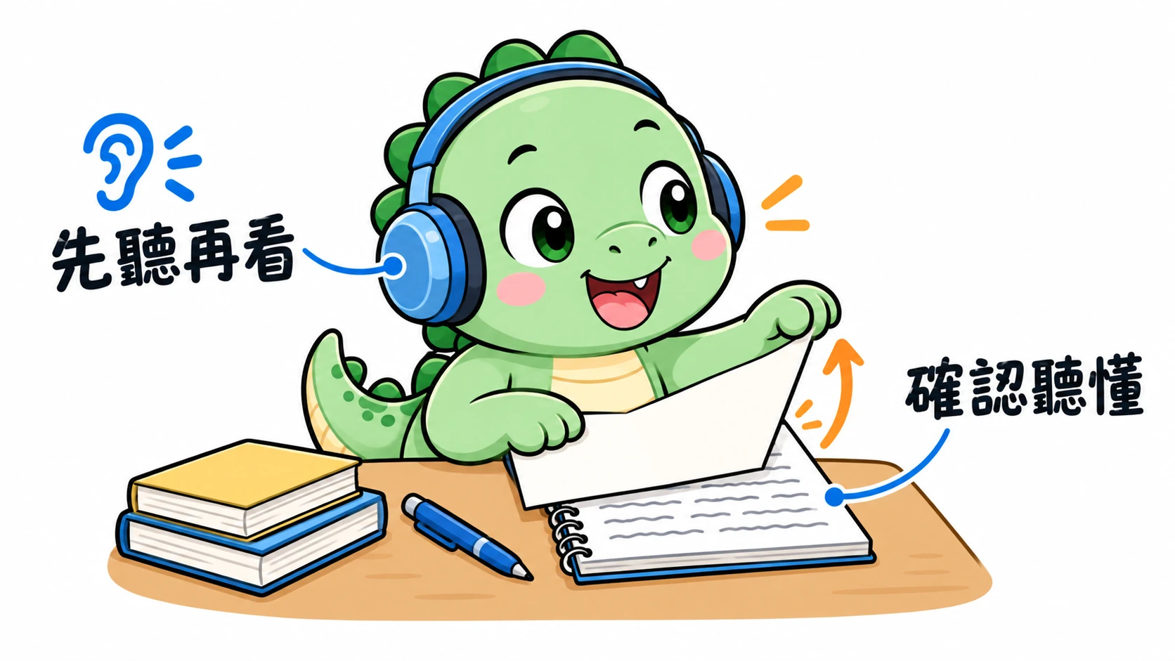 Happysaur 蓋住提示、戴上耳機先聽,再翻開筆記核對理解。