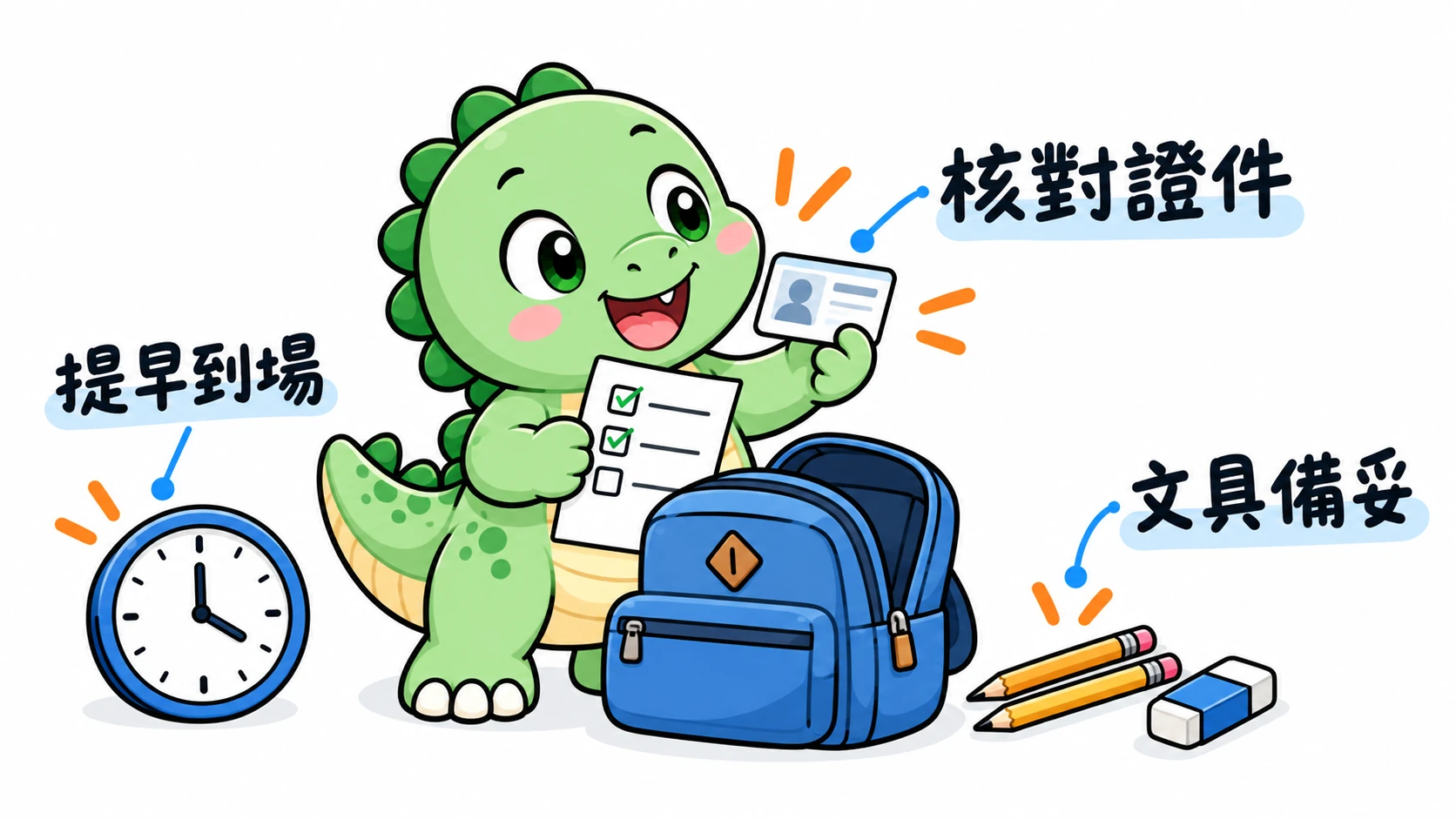 Happysaur 核對證件、把文具放進包包,並確認出門時間,減少考前流程上的不確定。