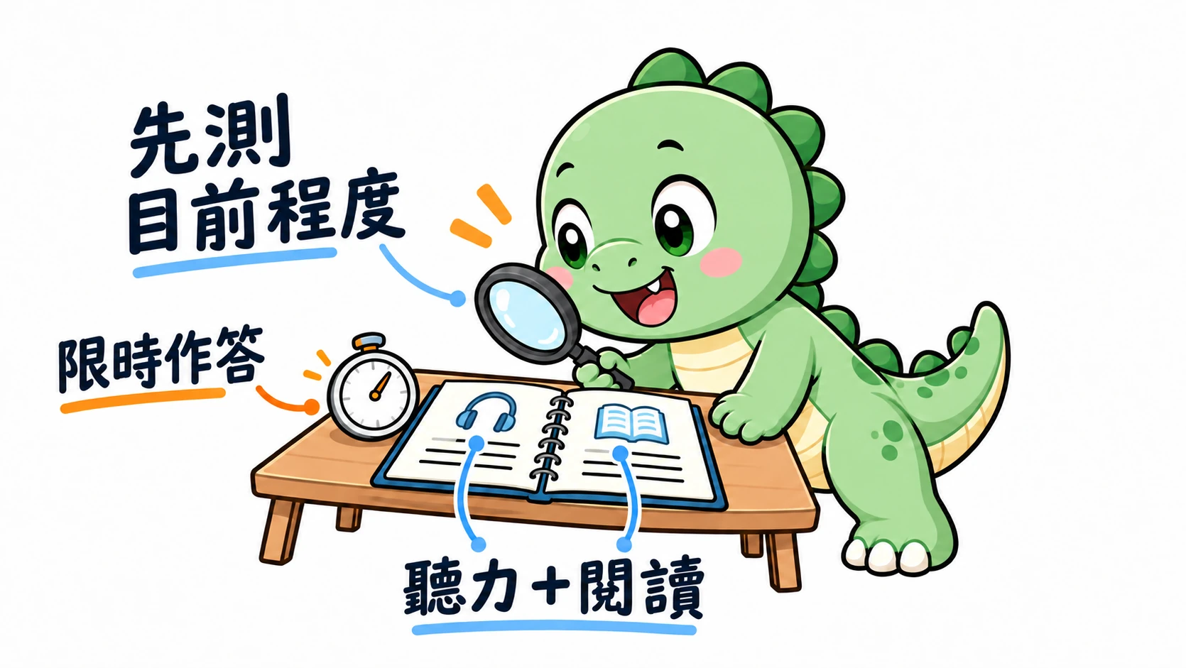 Happysaur 用放大鏡查看題本；「先測目前程度」、「聽力＋閱讀」與「限時作答」提醒先做涵蓋兩科的計時診斷，再安排讀書計畫。
