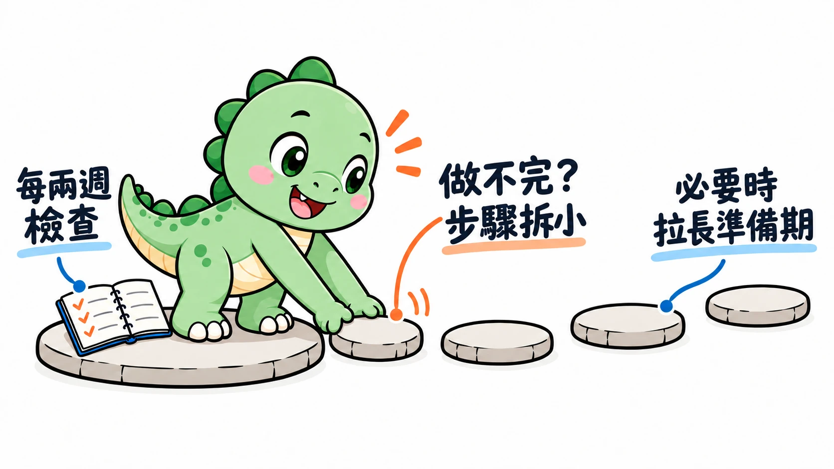Happysaur 在路線中加上小踏腳石；「每兩週檢查」指向紀錄本，「做不完？步驟拆小」指向新增步驟，並提醒「必要時拉長準備期」。