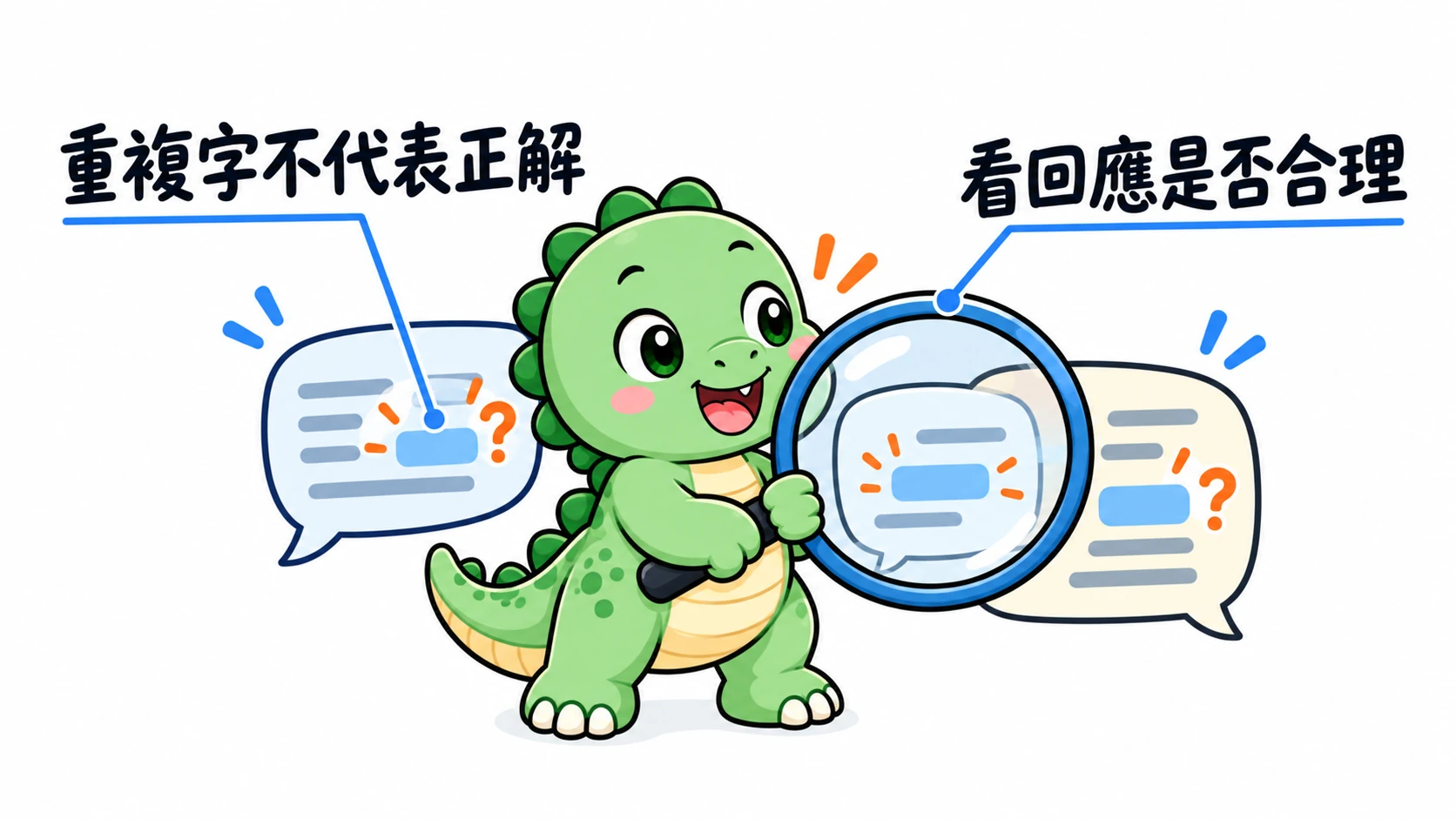 Happysaur 比對問句與回應的意思,提醒聽到重複字也要確認是否真正回應問題。