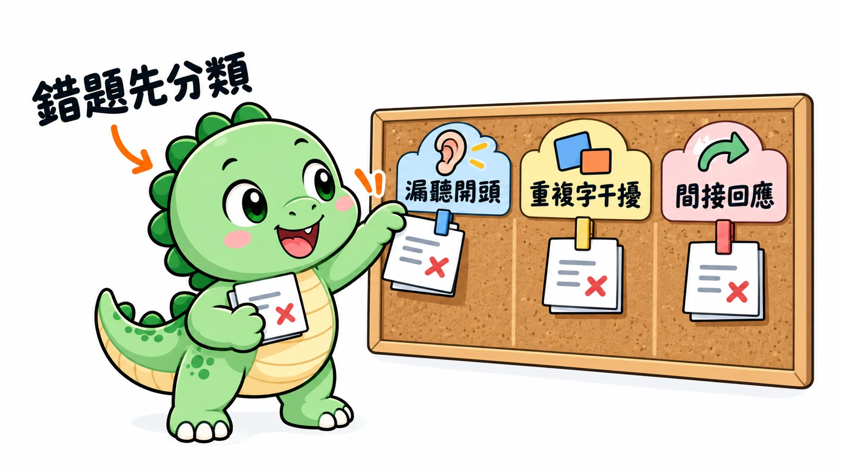 Happysaur 把聽力錯題分成漏聽開頭、重複字干擾與間接回應三類,找出下一輪練習重點。