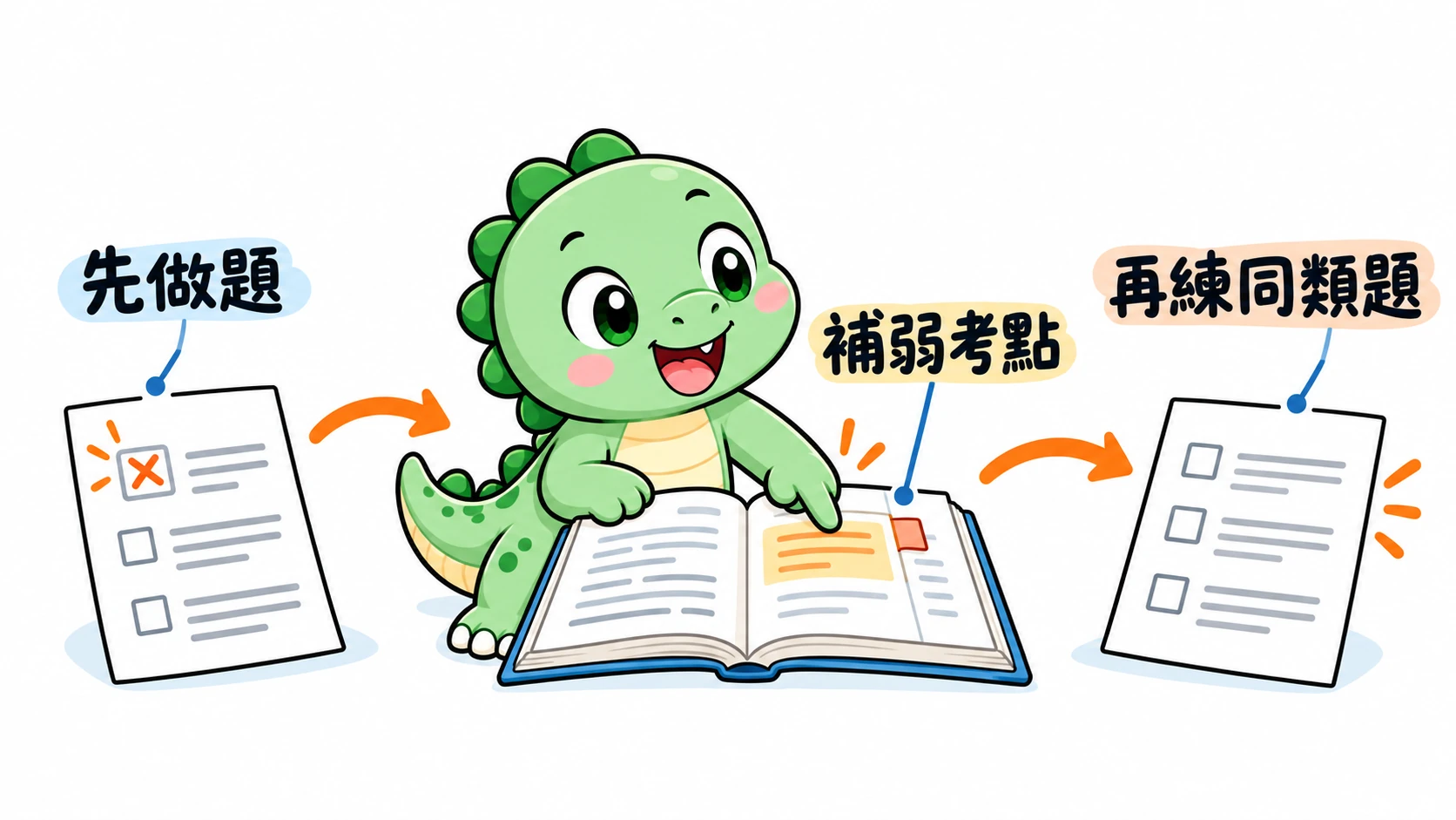 Happysaur 從錯題找到弱考點,翻開對應課程後,再用同類新題確認是否理解。