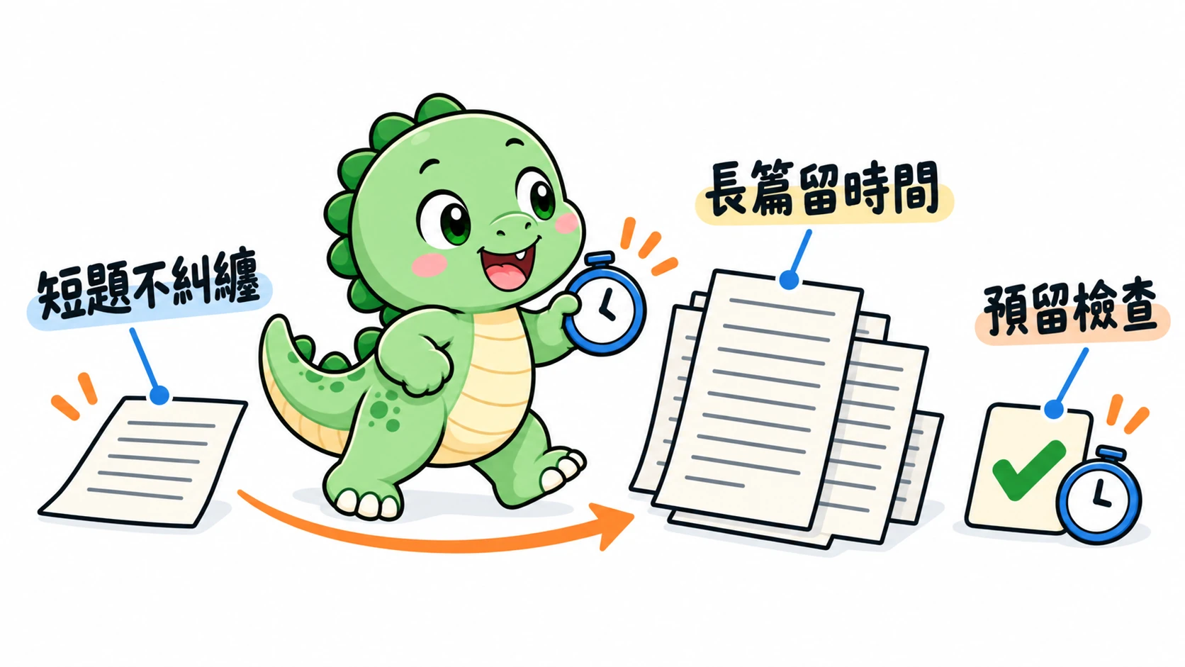 Happysaur 從短題頁帶著計時器前進到長篇題組,提醒不要把閱讀時間全花在前段。