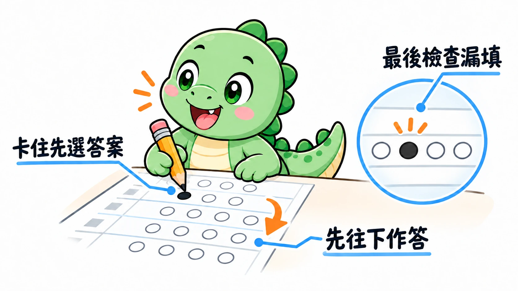 Happysaur 遇到卡關題先選擇當下最可能的答案,再往下作答,最後檢查答案卡是否漏填。