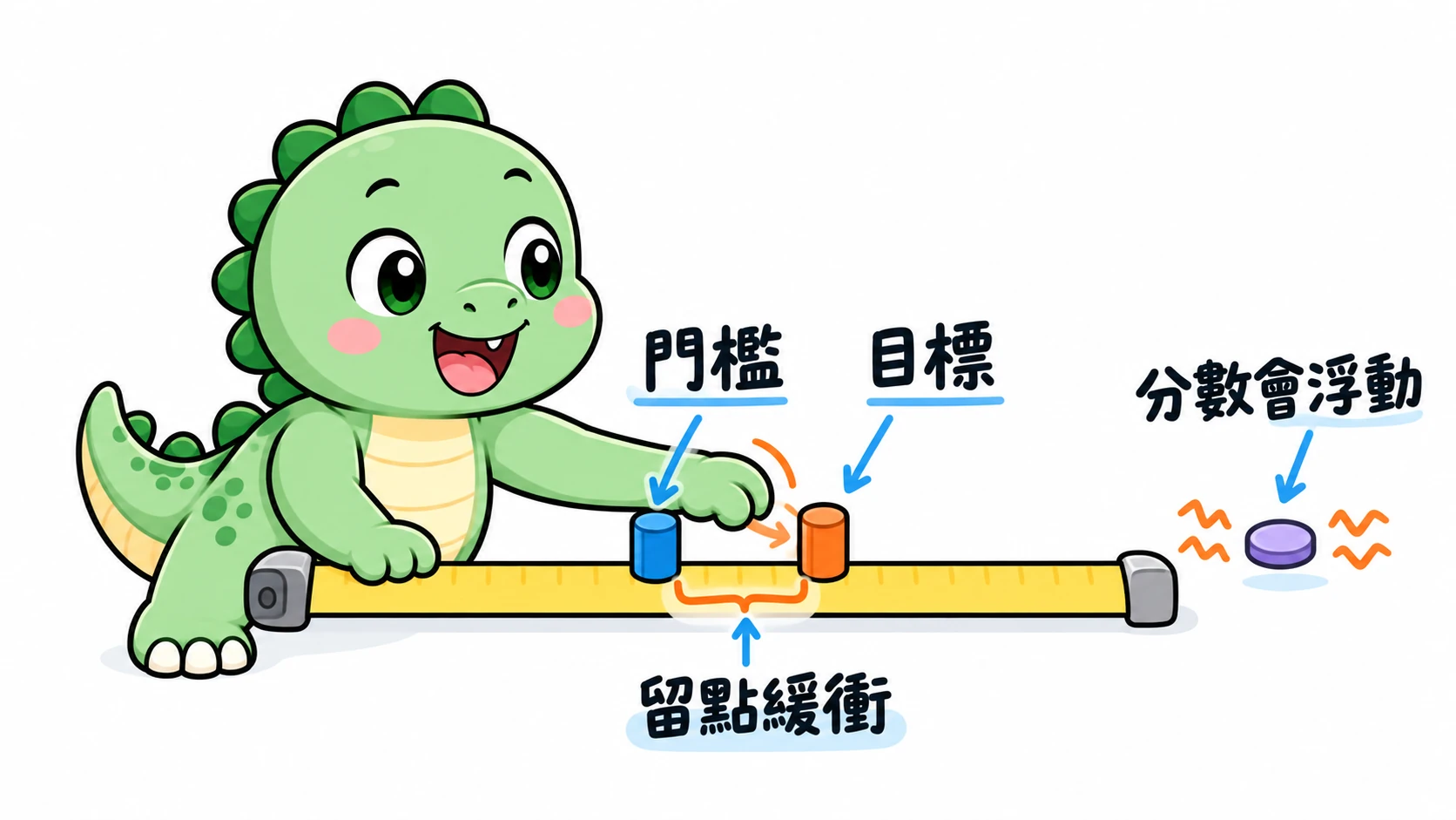 Happysaur 把目標標記放在門檻之外,保留緩衝並提醒分數可能浮動。