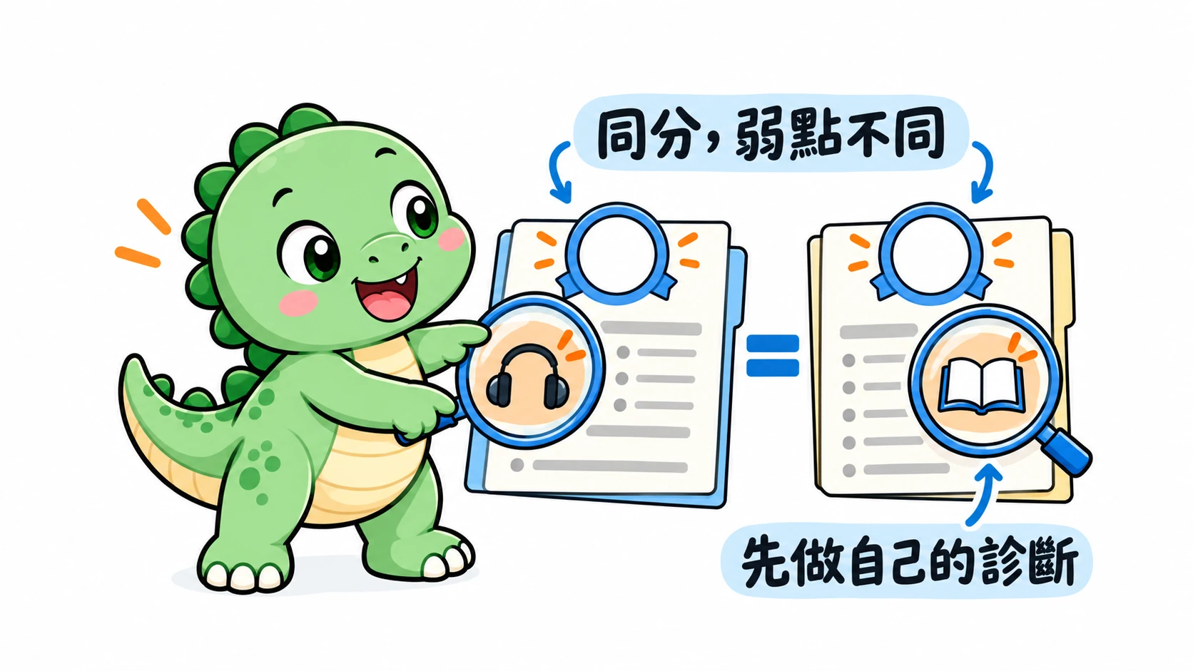 Happysaur 查看兩份總分相同但弱點不同的紀錄，提醒讀書計畫要從個人診斷開始。