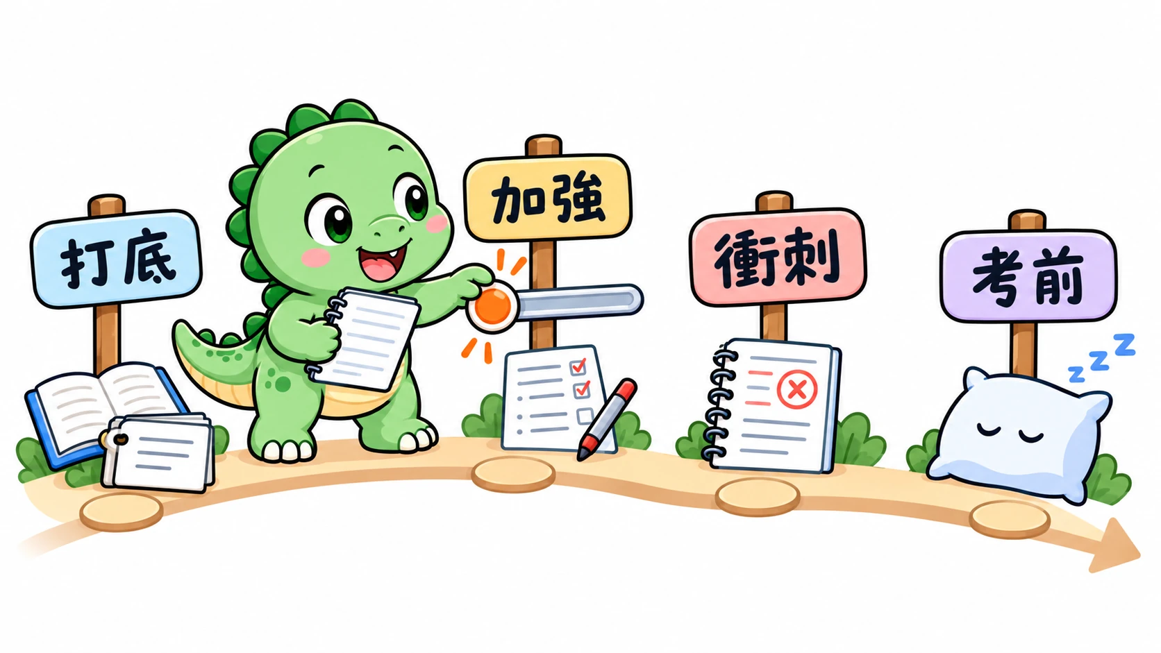Happysaur 依練習紀錄調整進度標記，沿著打底、加強、衝刺與考前四階段安排學習。