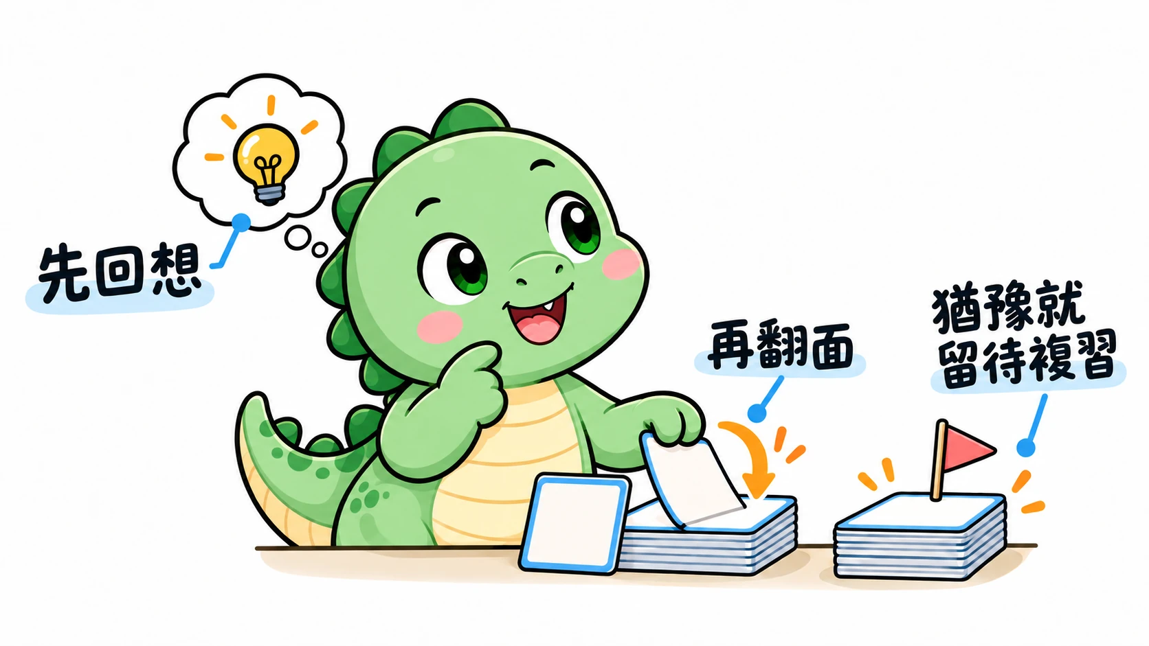 Happysaur 先蓋住答案回想,再翻面核對;猶豫的字卡放回複習堆。