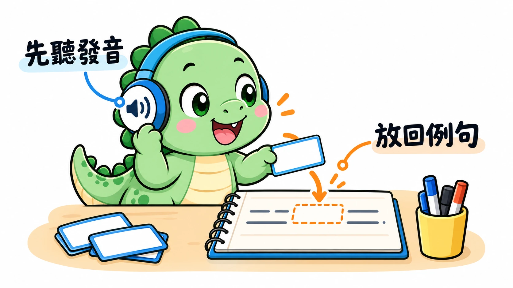 Happysaur 先戴耳機辨認發音,再把單字卡放回例句中理解前後搭配。