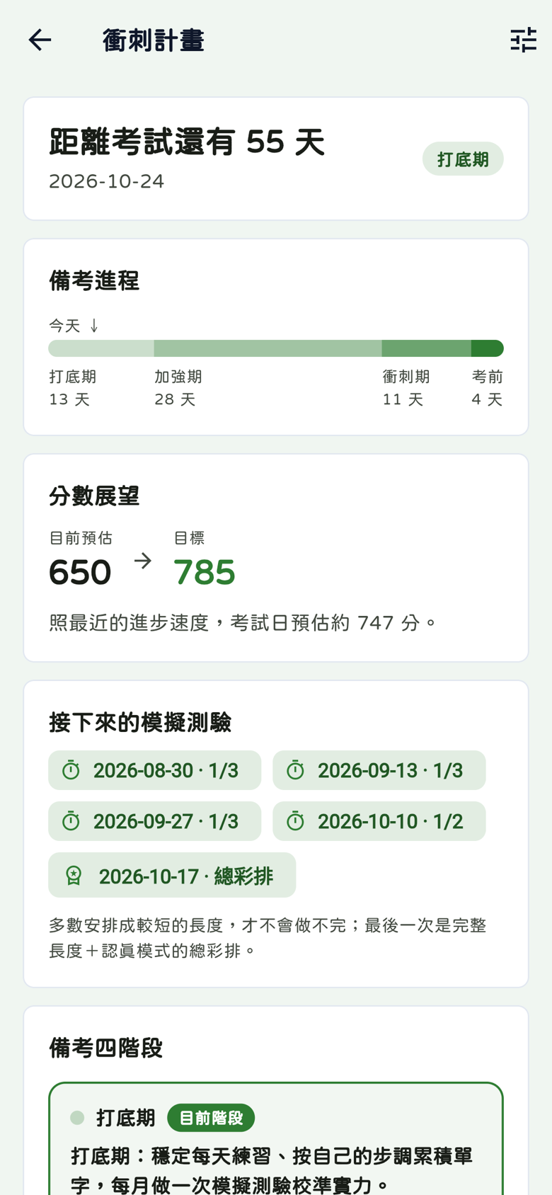 衝刺計畫：55天倒數、四階段時間軸、650分到785分目標及模考日程