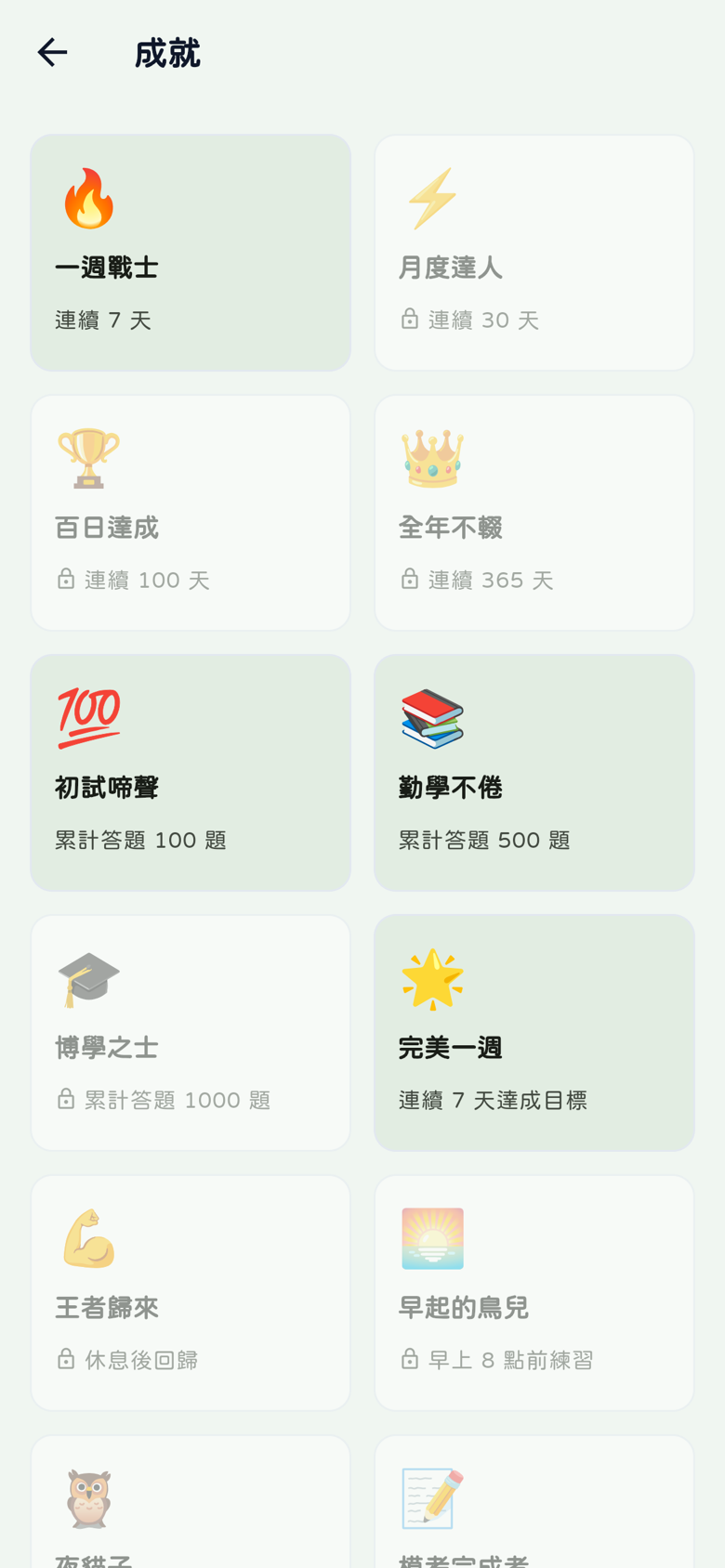 成就頁：已解鎖與尚未解鎖的學習成就徽章