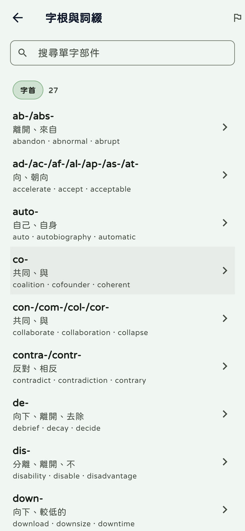 字根與詞綴清單:27個字首與con/com/col/cor等部件、意思及代表單字